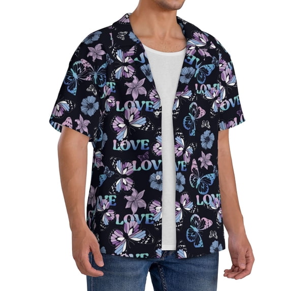 Lsque Love Butterflies print Men's Cuban Collar Short Sleeve Shirt Summer Beachwear Casual Button Down Fashionable Vacation Leisure Shirt-Small