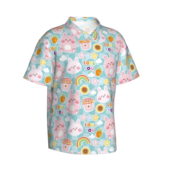 Lsque Love You Rabbit pattern Hawaiian Shirt for Men, Unisex Summer Beach Casual Short Sleeve Button Down Shirts-3X-Large