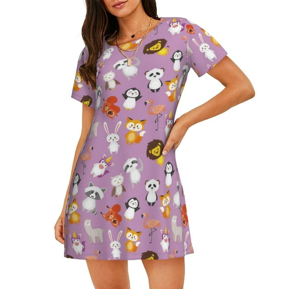 Lsque Lovely Animals Pattern Nightgowns for Women Sleep Shirts Short Sleeve Nightshirt Pullover Nightdress Soft Sleepwear Relaxed Fit Nightdress