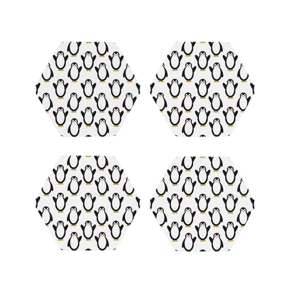 Lsque Lovely Penguin Pattern 4" Drink Coasters Set of 4, PVC Leather Absorbent Coasters, Table Coaster Set Decorative Coffee Cup Coasters Housewarming Gift -Hexagon