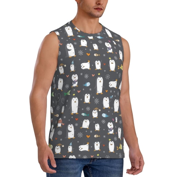 Lsque Lovely Penguin Print Men's Cotton Blend Sleeveless Muscle Shirts (S-3XL)- Moisture Wicking, Odor Protection, UPF 30+,Large