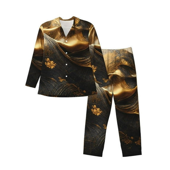 Lsque Luxurious Gold Flow Pattern Long Sleeve Pajama Set for Men - Soft 2-Piece Sleepwear and Loungewear Set with Pockets, Comfy Nightwear-XX-Large