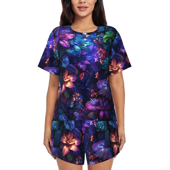 Lsque Magic Colorful Forest Leaves Women's Short-Sleeved Pajama Set - 2 Piece Soft and Lightweight Sleepwear Set-Medium
