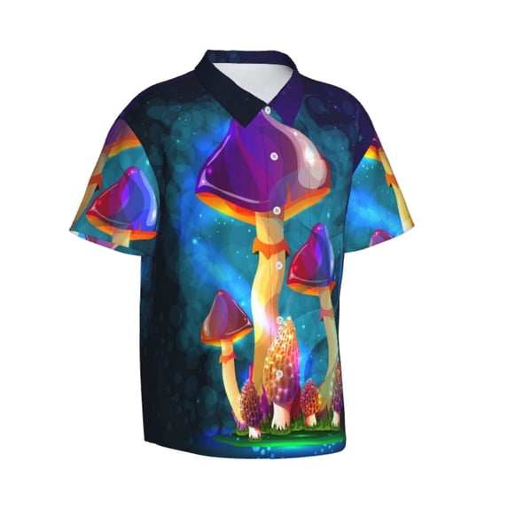 Lsque Magic Mushrooms ,Fireflies pattern Hawaiian Shirt for Men, Unisex Summer Beach Casual Short Sleeve Button Down Shirts-Large