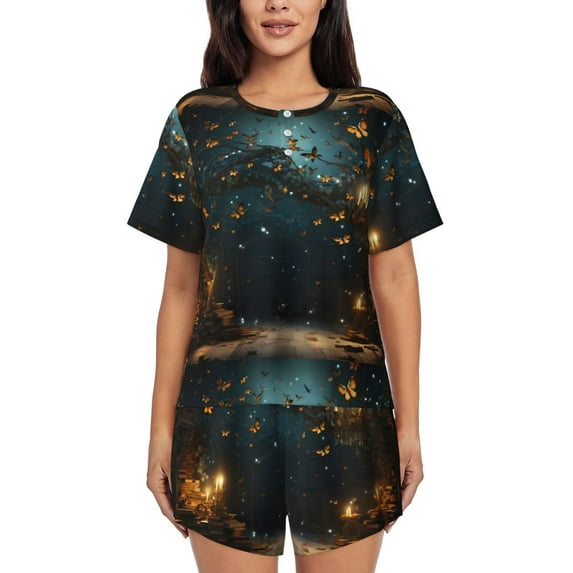 Lsque Magical Library Butterfly Night Women's Short-Sleeved Pajama Set - 2 Piece Soft and Lightweight Sleepwear Set-Large