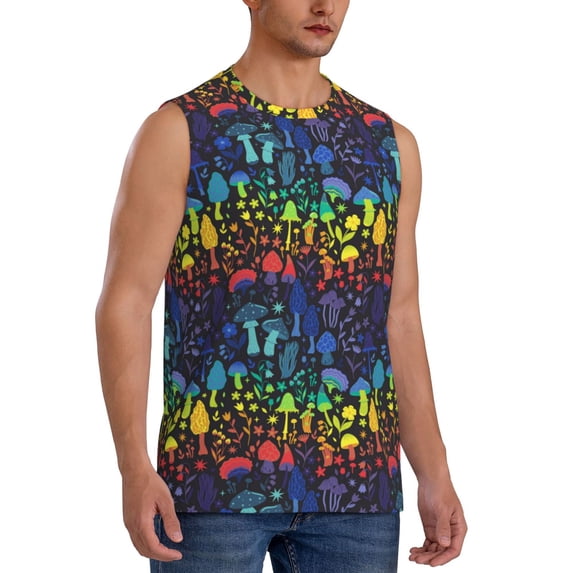 Lsque Magical Mushrooms and Flowers Print Men's Cotton Blend Sleeveless Muscle Shirts (S-3XL)- Moisture Wicking, Odor Protection, UPF 30+,X-Large