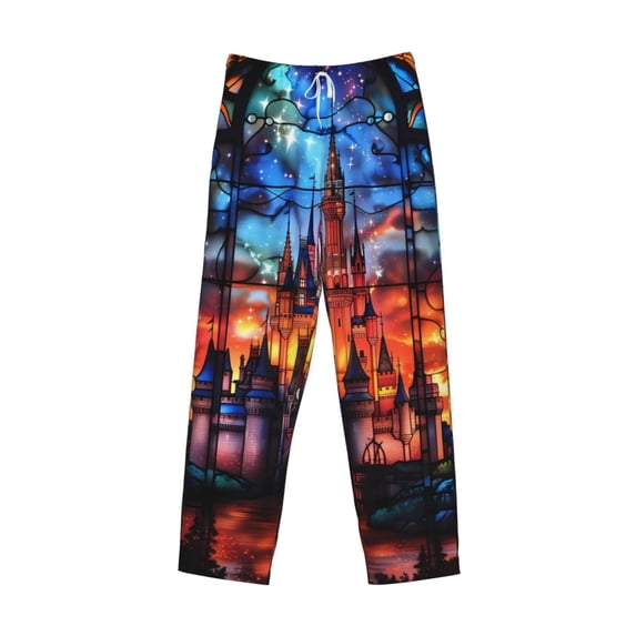 Lsque Magical Stained Glass Castle Print Men's Pajama Pants, Lounge Pant - Comfortable Home Wear,Elastic Waistband, Stylish Design-Large