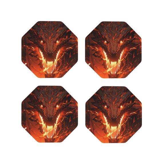 Lsque Magma Fire Black Dragon Pattern 4" Drink Coasters Set of 4, PVC Leather Absorbent Coasters, Table Coaster Set Decorative Coffee Cup Coasters Housewarming Gift -Octagon