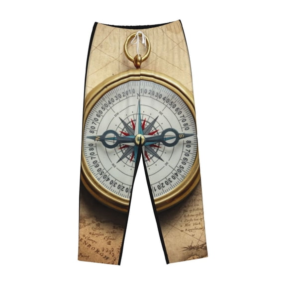 Lsque Magnetic Old Compass On World Map Print Women's Pajama Pants, Lounge Pant - Comfortable Home Wear,Elastic Waistband, Stylish Design-Small