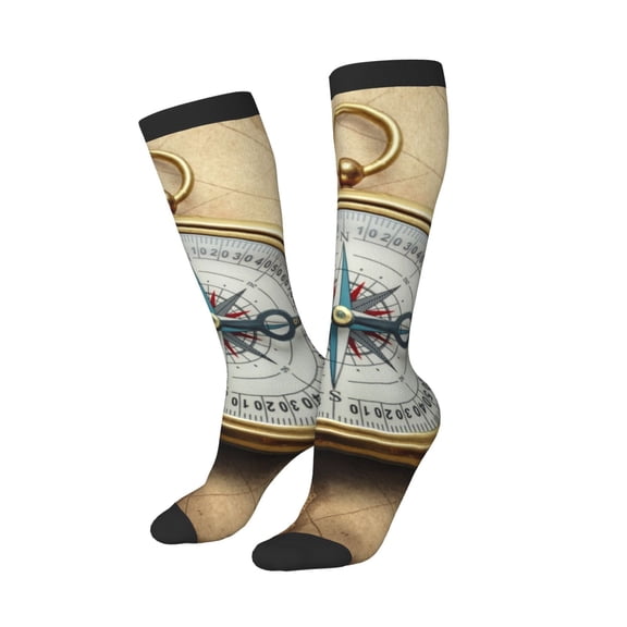 Lsque Magnetic Old Compass On World Map Printed Crew Socks Men's Women's LightWeight Thin Casual Calf Socks ,Knee High Socks,Cotton Socks