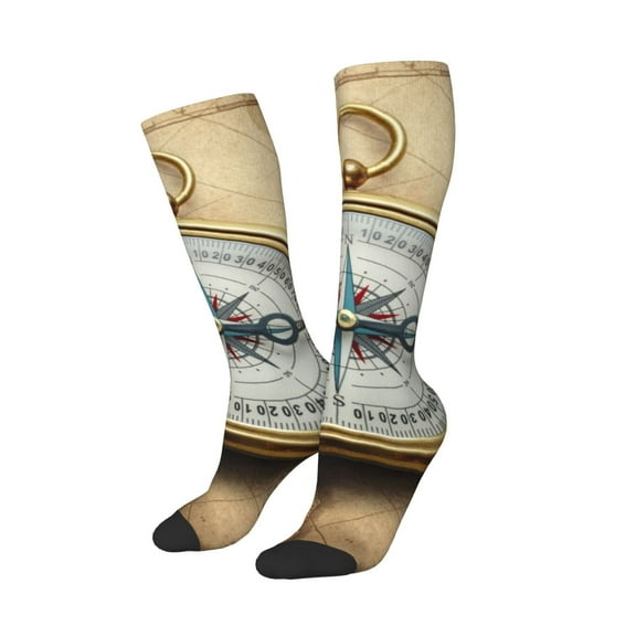 Lsque Magnetic Old Compass On World Map Printed Crew Socks Men's Women's LightWeight Thin Casual Calf Socks ,Knee High Socks,Cotton Socks