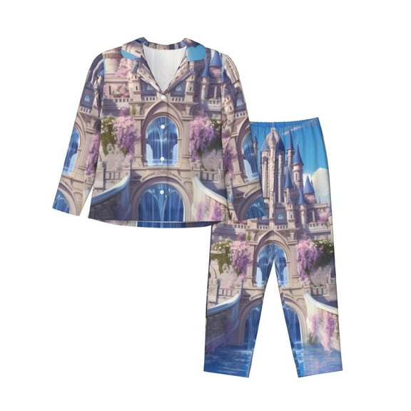 Lsque Majestic Fantasy Castle Pattern Long Sleeve Pajama Set for Women - Soft 2-Piece Sleepwear and Loungewear Set with Pockets, Comfy Nightwear-Large