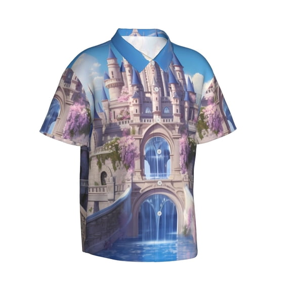 Lsque Majestic Fantasy Castle pattern Hawaiian Shirt for Men, Unisex Summer Beach Casual Short Sleeve Button Down Shirts-Large