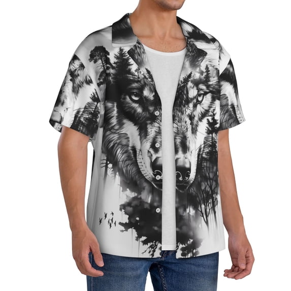 Lsque Majestic Wolf Landscape print Men's Cuban Collar Short Sleeve Shirt Summer Beachwear Casual Button Down Fashionable Vacation Leisure Shirt-4X-Large