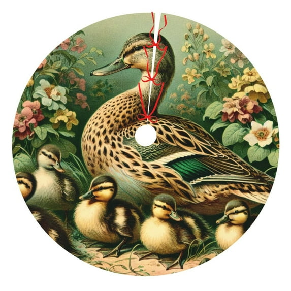 Lsque Mallard Duck And Flowers Print Christmas Tree Skirt, Tree Skirt with Ties or Velcro, Perfect for Holiday Decorations, Halloween, and New Year-48"
