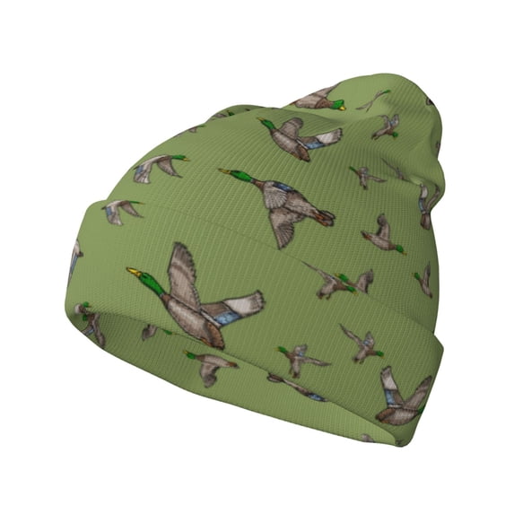 Lsque Mallard Duck Pattern Knitted Beanie, Unisex Winter Hat, Knit Hat Winter Beanies Thick Fisherman Beanies Cuffed Plain Skull Caps