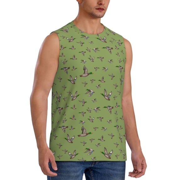 Lsque Mallard Duck Print Men's Cotton Blend Sleeveless Muscle Shirts (S-3XL)- Moisture Wicking, Odor Protection, UPF 30+,Large