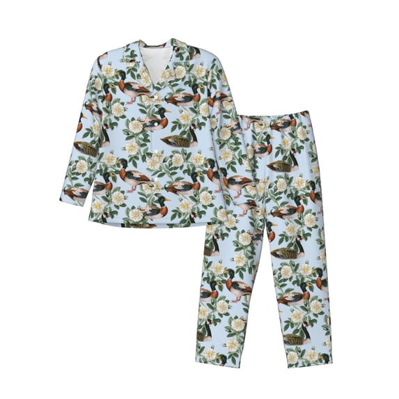 Lsque Mallard Ducks And Roses Pattern Long Sleeve Pajama Set for Men - Soft 2-Piece Sleepwear and Loungewear Set with Pockets, Comfy Nightwear-XX-Large