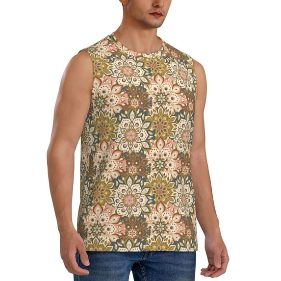 Lsque Mandala Print Men's Cotton Blend Sleeveless Muscle Shirts (S-3XL)- Moisture Wicking, Odor Protection, UPF 30+,Large