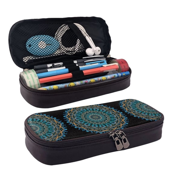 Lsque Mandala Printed Big Capacity PU Leather Pencil Case Large Pencil Pouch Stationery Pen Bag Pencil Holder for Teen
