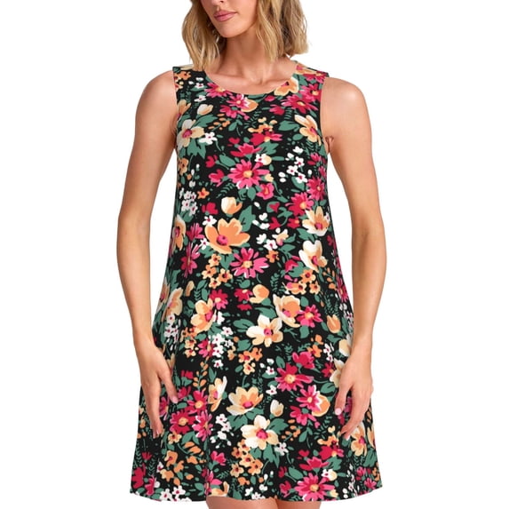 Lsque Many Kind Of Flowers Pattern Summer Dresses for Women – Sleeveless T-Shirt Swing Sundress, Perfect for the Beach and Casual Days