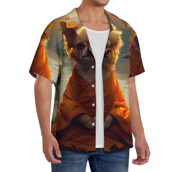 Lsque Maple Leaf Meditating Chihuahua print Men's Cuban Collar Short Sleeve Shirt Summer Beachwear Casual Button Down Fashionable Vacation Leisure Shirt-4X-Large