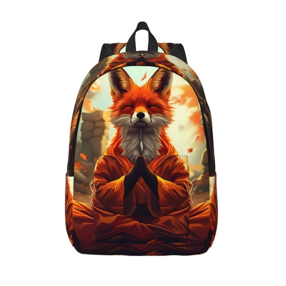Lsque Maple Leaf Meditating Fox Pattern Canvas Daypack, Durable Backpack, High-quality Versatile Backpack,Vintage Compact Backpack-Medium