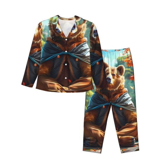 Lsque Maple Meditating Bear Pattern Long Sleeve Pajama Set for Women - Soft 2-Piece Sleepwear and Loungewear Set with Pockets, Comfy Nightwear-X-Large