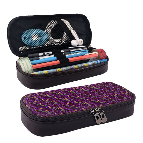 Lsque Mardi Gra2 Printed Big Capacity PU Leather Pencil Case Large Pencil Pouch Stationery Pen Bag Pencil Holder for Teen