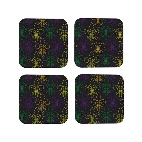 Lsque Mardi Gras Carnival Pattern 4" Drink Coasters Set of 4, PVC Leather Absorbent Coasters, Table Coaster Set Decorative Coffee Cup Coasters Housewarming Gift -Square