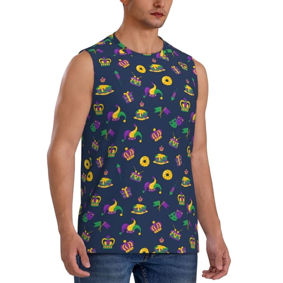 Lsque Mardi Gras Carnival Print Men's Cotton Blend Sleeveless Muscle Shirts (S-3XL)- Moisture Wicking, Odor Protection, UPF 30+,Medium