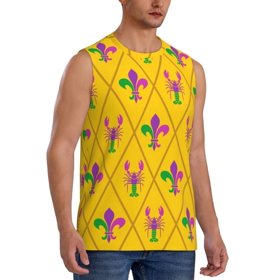 Lsque Mardi Gras Crayfish and Fleur de lis Print Men's Cotton Blend Sleeveless Muscle Shirts (S-3XL)- Moisture Wicking, Odor Protection, UPF 30+,Medium