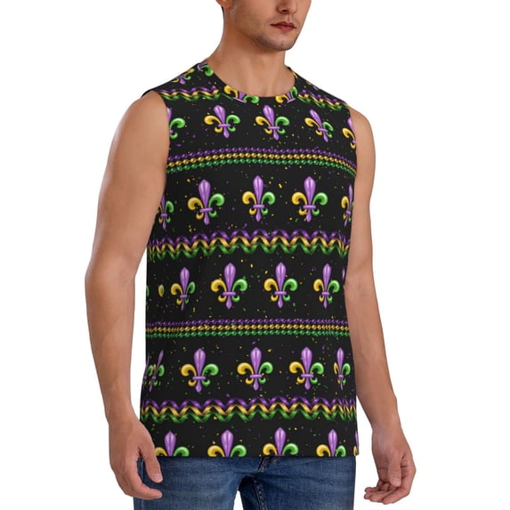 Lsque Mardi Gras Fleur de Lis Print Men's Cotton Blend Sleeveless Muscle Shirts (S-3XL)- Moisture Wicking, Odor Protection, UPF 30+,Large