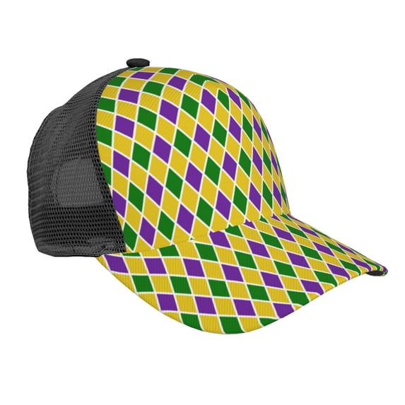 Lsque Mardi Gras Purple Yellow Plaid Printed Trucker Hat - Baseball Cap for Men Women - Breathable Mesh Side, Adjustable Fit - for Casual Wear