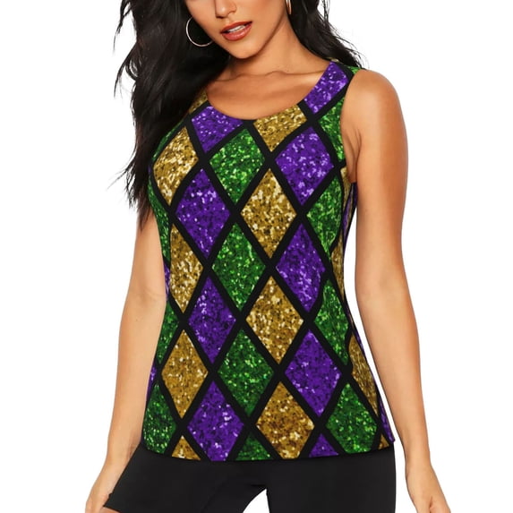 Lsque Mardi Gras Shiny Green Purple Printed Workout Tank Tops for Women, Athletic Sports Tank Tops, Compression Sleeveless Dry Fit Shirts,Sleeveless Yoga Shirt-X-Large