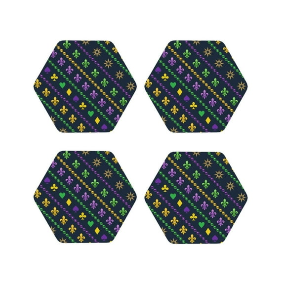 Lsque Mardi Gras Strings of Beads Pattern 4" Drink Coasters Set of 4, PVC Leather Absorbent Coasters, Table Coaster Set Decorative Coffee Cup Coasters Housewarming Gift -Hexagon