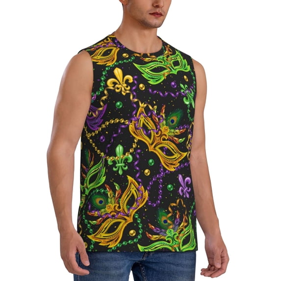 Lsque Mardi Gras Surface Print Men's Cotton Blend Sleeveless Muscle Shirts (S-3XL)- Moisture Wicking, Odor Protection, UPF 30+,Small