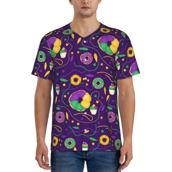 Lsque Mardi Gras and Donuts Pattern Mens Polo Golf Shirts Funny Graphics Shorts Sleeve Button Shirts Baseball T-shirt-Large