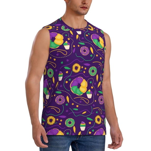 Lsque Mardi Gras and Donuts Print Men's Cotton Blend Sleeveless Muscle Shirts (S-3XL)- Moisture Wicking, Odor Protection, UPF 30+,Small