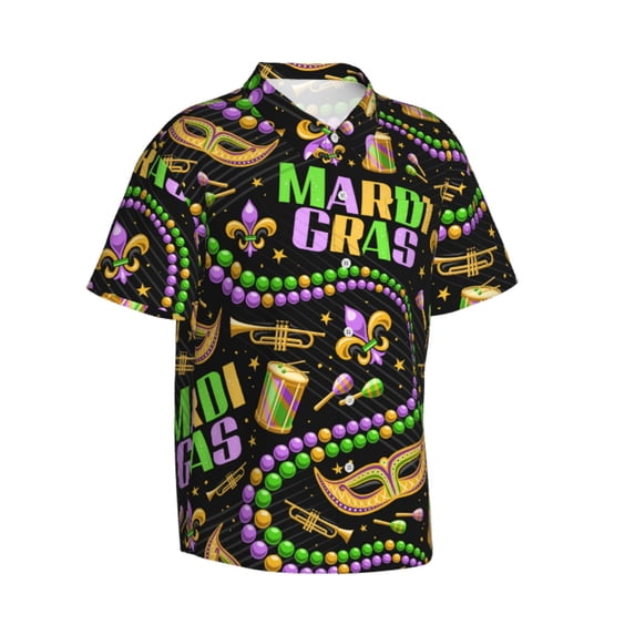 Lsque Mardi Gras3 pattern Hawaiian Shirt for Men, Unisex Summer Beach Casual Short Sleeve Button Down Shirts-Large