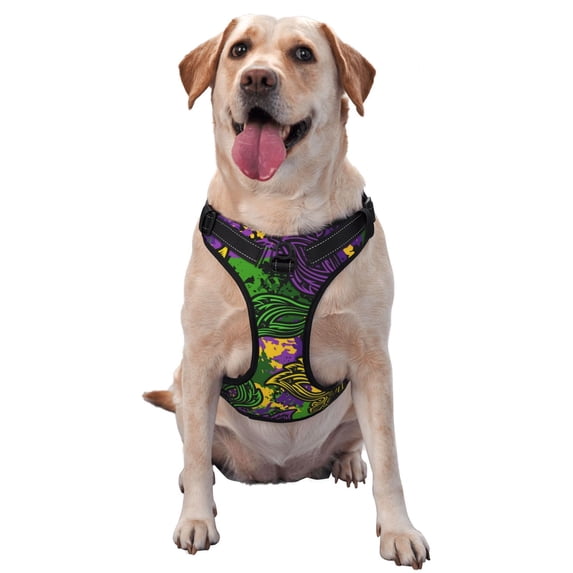 Lsque Mardi Gras7 Dog Harness, No-Pull Pet Harness with 2 Leash Clips, Adjustable Soft Padded Dog Vest with Easy Control Handle for Large Dogs-X-Large