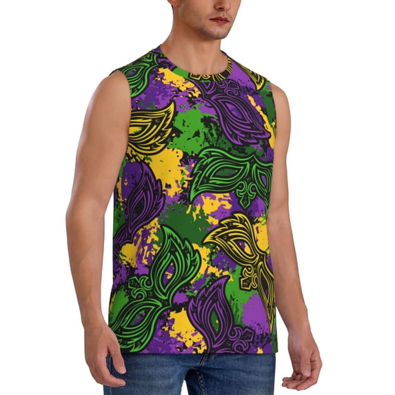 Lsque Mardi Gras7 Print Men's Cotton Blend Sleeveless Muscle Shirts (S-3XL)- Moisture Wicking, Odor Protection, UPF 30+,Large