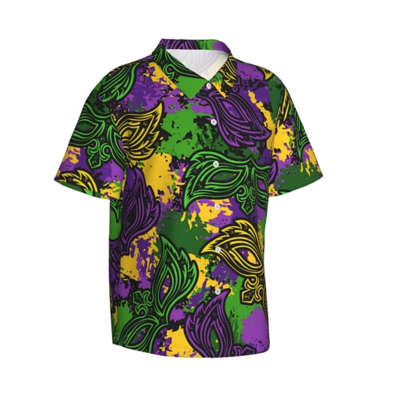 Lsque Mardi Gras7 pattern Hawaiian Shirt for Men, Unisex Summer Beach Casual Short Sleeve Button Down Shirts-Large