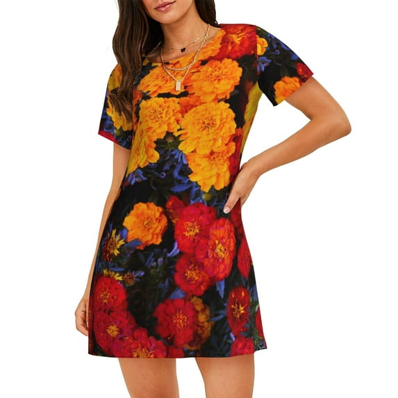 Lsque Marigold Flowers In Different Colors Pattern Nightgowns for Women Sleep Shirts Short Sleeve Nightshirt Pullover Nightdress Soft Sleepwear Relaxed Fit Nightdress