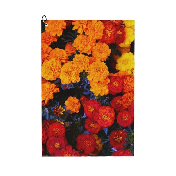 Lsque Marigold Flowers In Different Colors Premium Golf Towel - Ultra Absorbent and Quick Drying Microfiber Towel with Carabiner - Gift for Men -24" X 16"