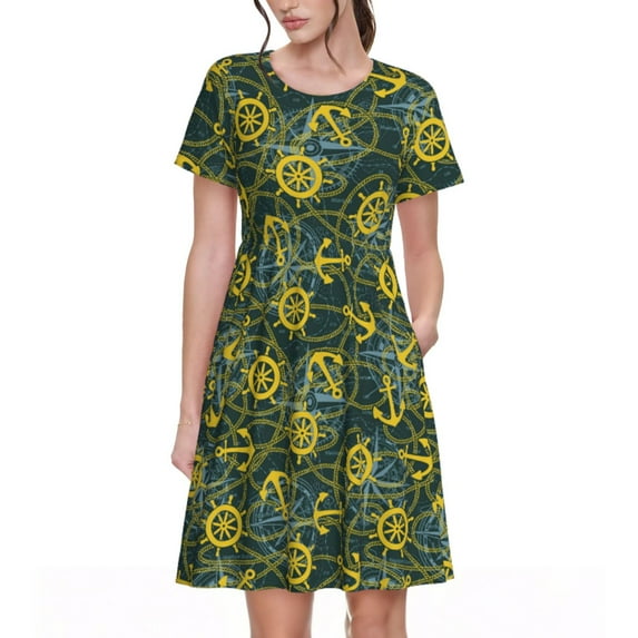 Lsque Marine Anchors And Compass Print Women's Casual Dress T-Shirt Summer Short Sleeve Scoop Neck Swing Dresses