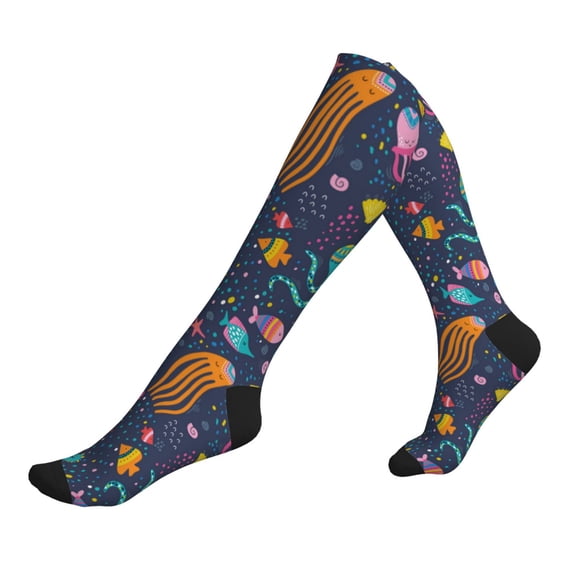 Lsque Marine Inhabitants Pattern Sport Compression Socks for Men & Women 15-20 mmHg Knee High Nurse Pregnant Running Medical and Travel Athletic