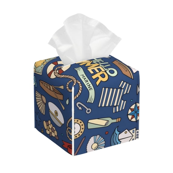 Lsque Marine Nautical Printed Tissue Box Cover Holder, Facial Paper Organizer Dispenser,Square with Bottom Belt, PVC Leather Decorative Organizer
