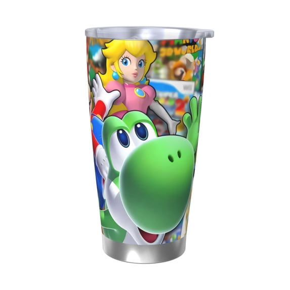Lsque Mario Pattern 20oz Car Cup with Lid and Straw, Insulated Coffee Cup with Straw Topper, Spill Proof Travel Coffee Mug, Stainless Steel Tumble