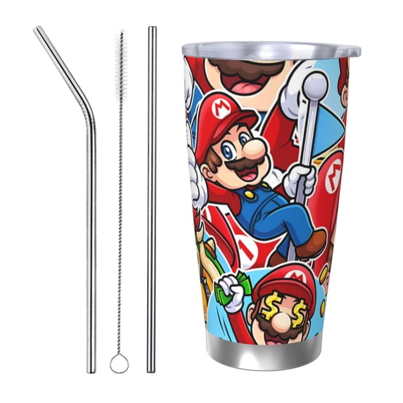 Lsque Mario Pattern 20oz Car Cup with Lid and Straw, Insulated Coffee Cup with Straw Topper, Spill Proof Travel Coffee Mug, Stainless Steel Tumble